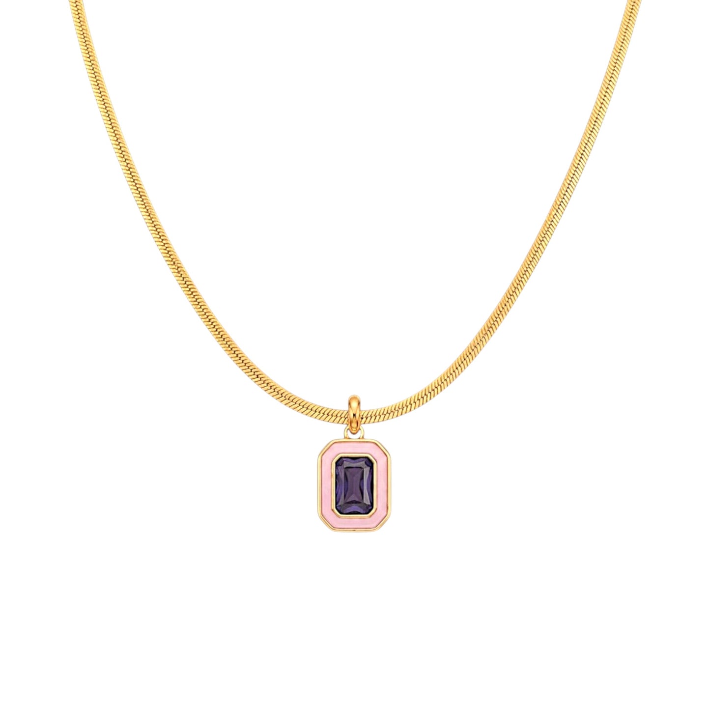 Scandal Kiss Colour Pop Necklace with rectangular pink and purple stone detail on a gold snake chain