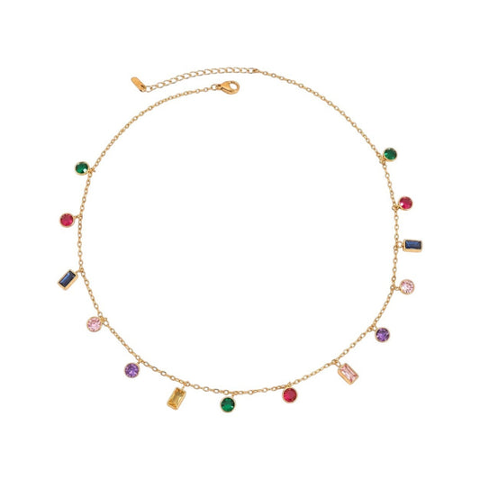 Scandal Kiss gold plated stainless steel necklace featuring a vibrant mix of colourful multi-shaped gemstones.