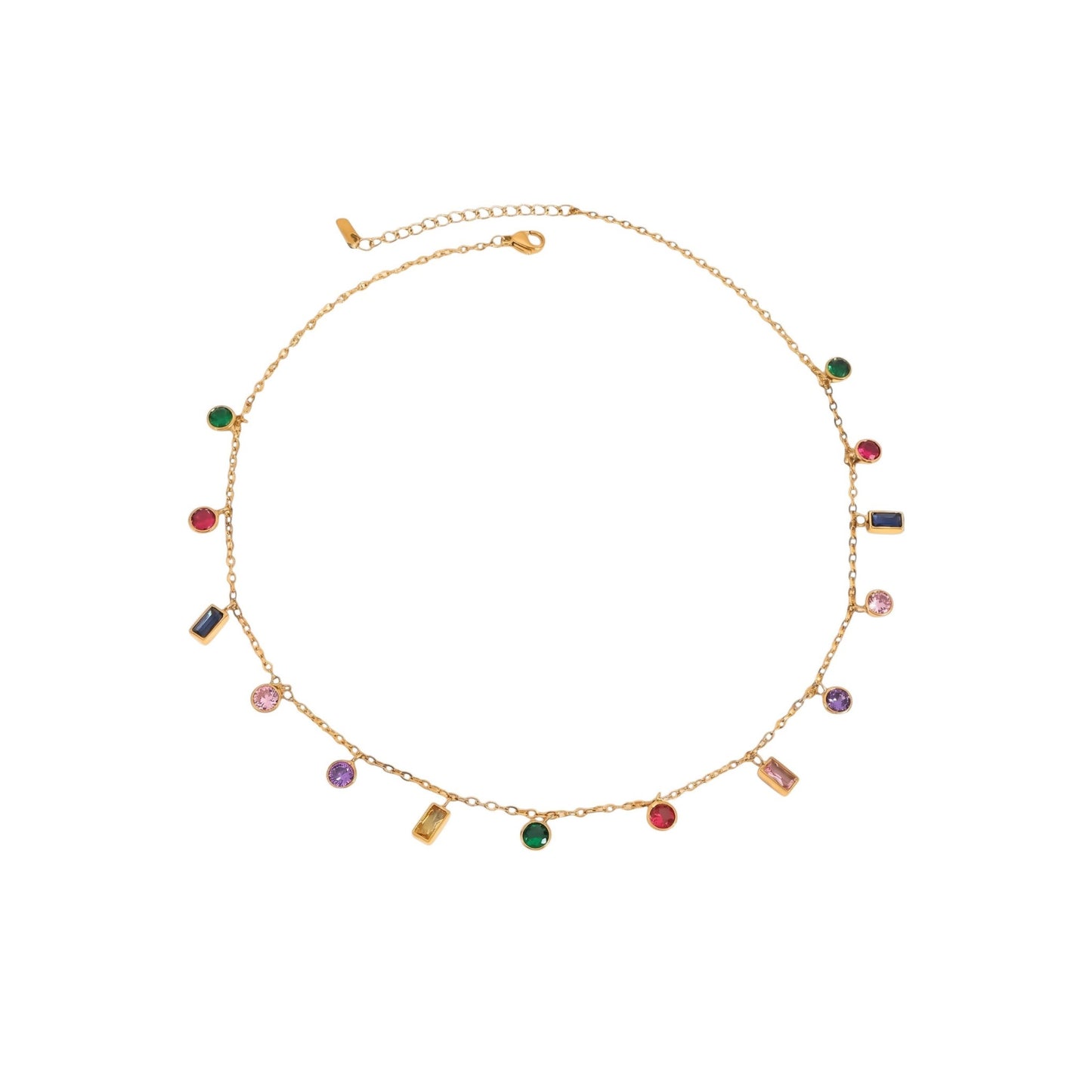 18ct gold plated necklace featuring colourful stones in varying shapes, sizes and colours