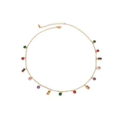 18ct gold plated necklace featuring colourful stones in varying shapes, sizes and colours