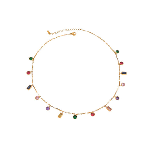 18ct gold plated necklace featuring colourful stones in varying shapes, sizes and colours