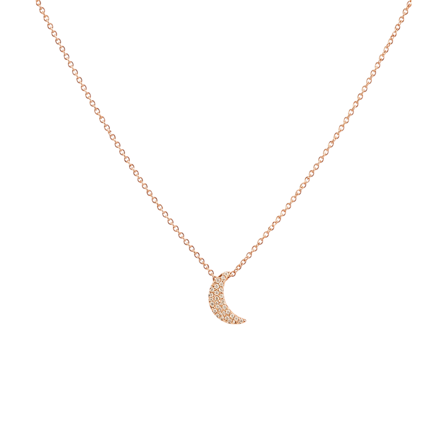Crescent Moon Necklace in 925 Sterling Silver with Rose Gold plating featuring a delicate crescent moon adorned with shimmering zirconia