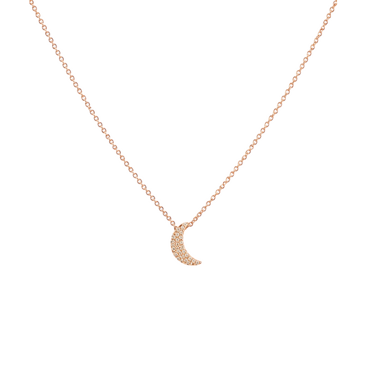 Crescent Moon Necklace in 925 Sterling Silver with Rose Gold plating featuring a delicate crescent moon adorned with shimmering zirconia
