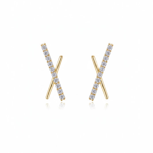 Cross Bar Stud Earrings in gold plated finish measuring 7.5x16.5mm with intersecting bars and pavé zirconia stones