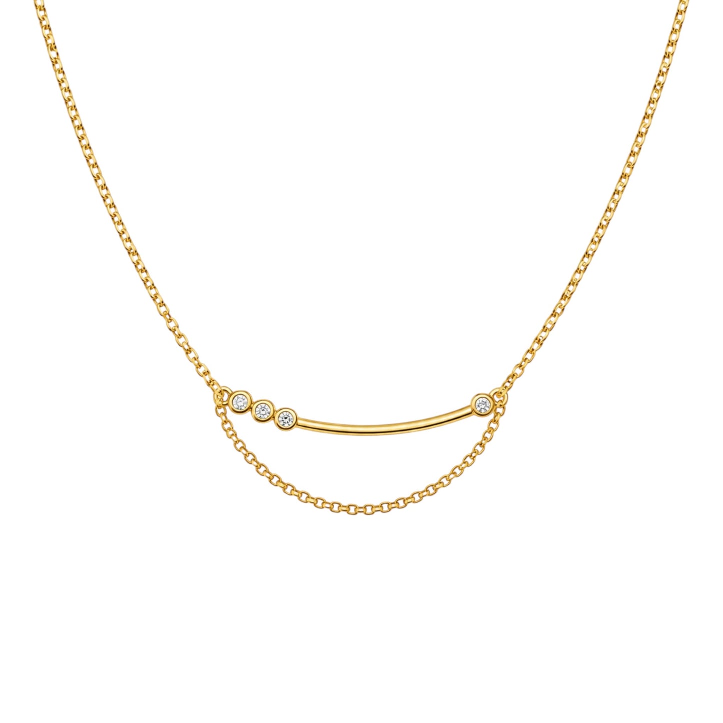 Curved Chain Necklace in 925 Sterling Silver with 18ct Gold plating, bezel-set zirconia and a delicate draped chain