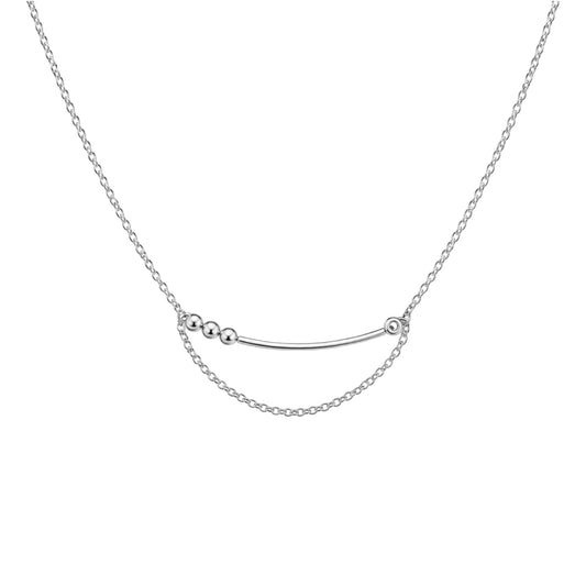 Curved Chain Necklace in 925 Sterling Silver with White Gold plating, bezel-set zirconia and a delicate draped chain