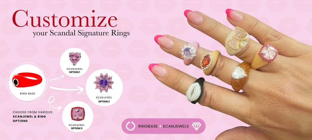 Customizable signature rings with interchangeable jewel options.
