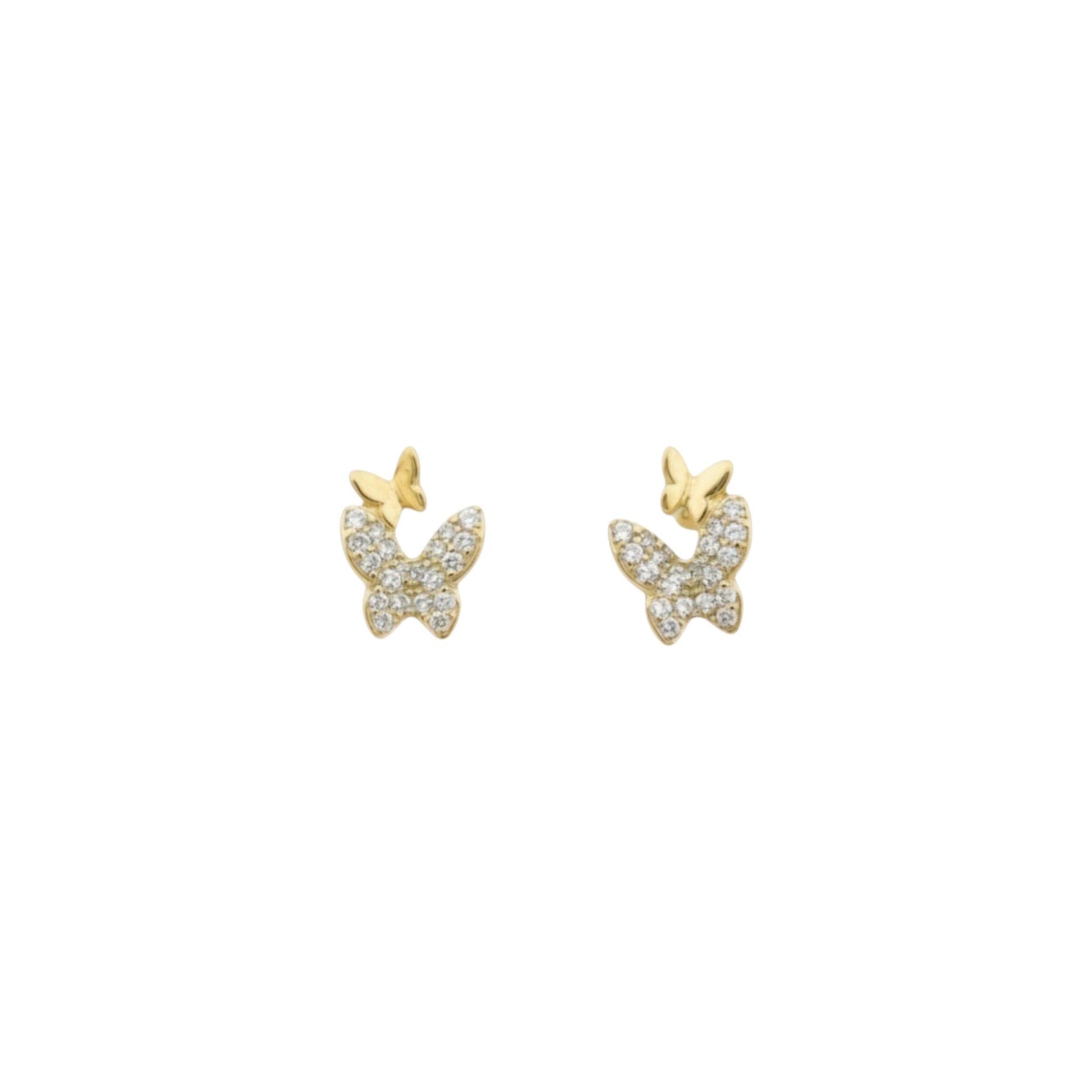 Gold double butterfly stud earrings in sterling silver with pavé zirconia detailing