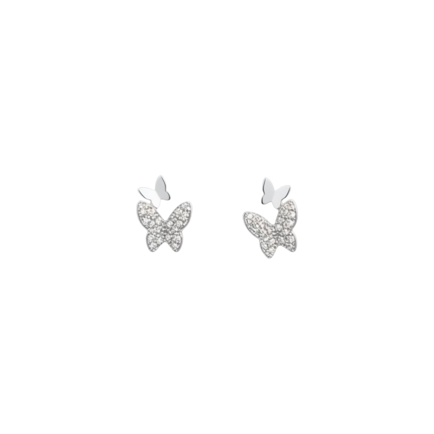 Silver double butterfly stud earrings in sterling silver with pavé zirconia detailing