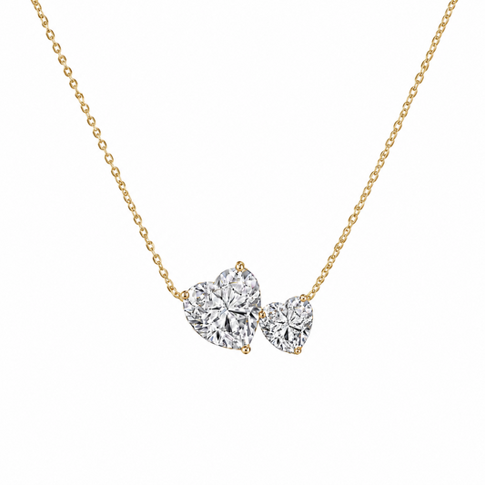 Double Heart Necklace in 18ct Gold plated 925 Sterling Silver with two heart-shaped zirconia in contrasting sizes