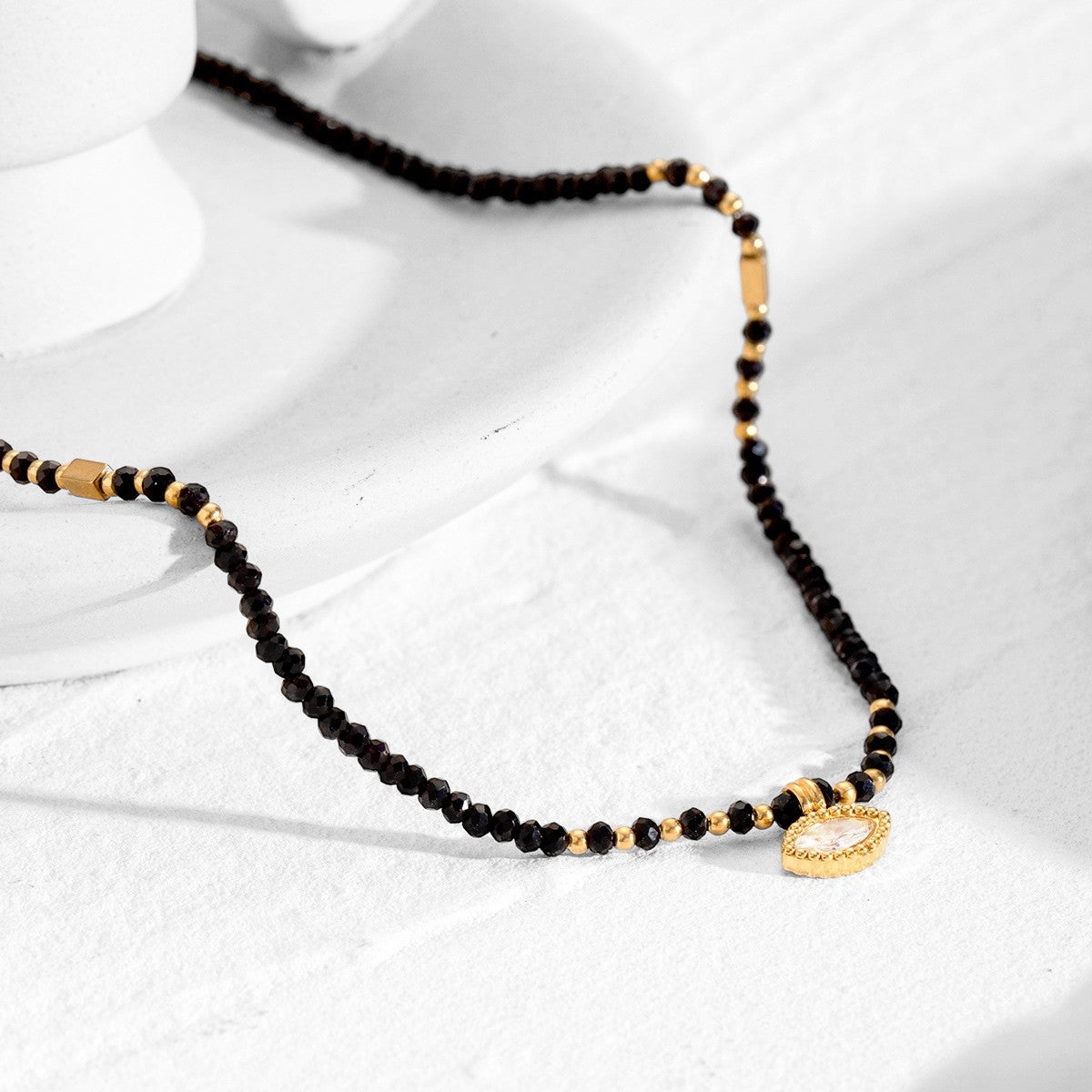 Black + Gold Beaded Necklace with Pendant