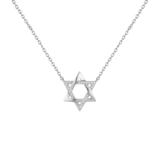 White gold plated Magen David necklace in sterling silver with pavé zirconia detailing
