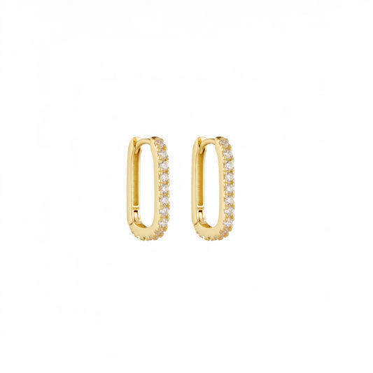 Gold elongated pavé hoop earrings in 925 sterling silver with zirconia stones (10 × 15mm)
