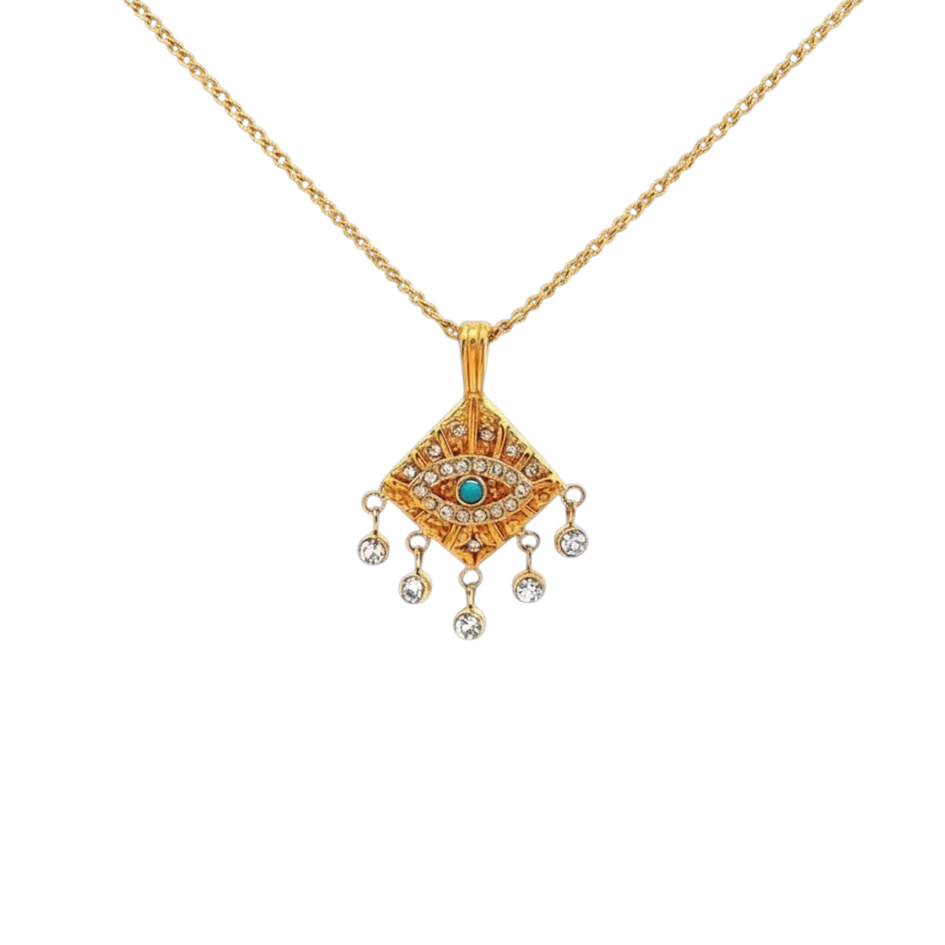 Evil Eye Chandelier Necklace in gold-plated stainless steel with turquoise centre stone, pavé zirconias, and drop accents