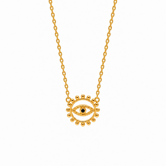 Gold Evil Eye Halo Necklace with sculptural circular detailing