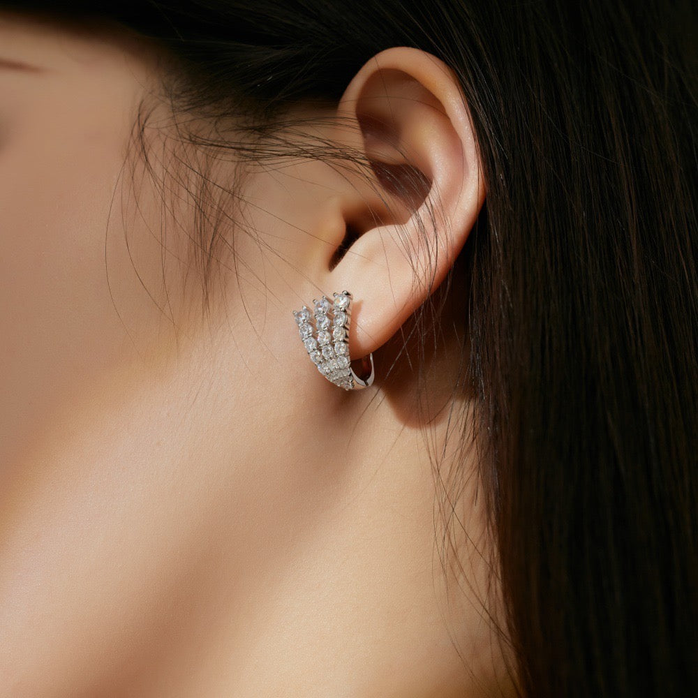 Triple Row Pave Silver Earrings