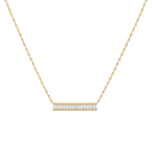 Gold bar necklace in sterling silver with baguette zirconia detailing