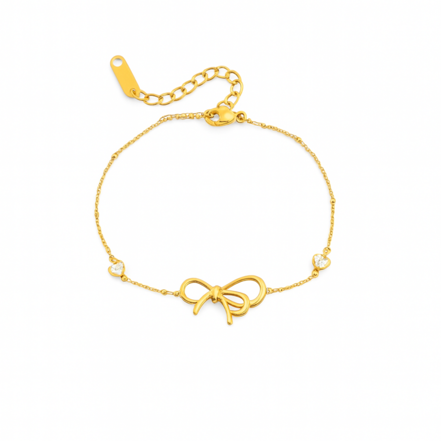 Gold bow heart bracelet in 18ct gold plated stainless steel with fine chain