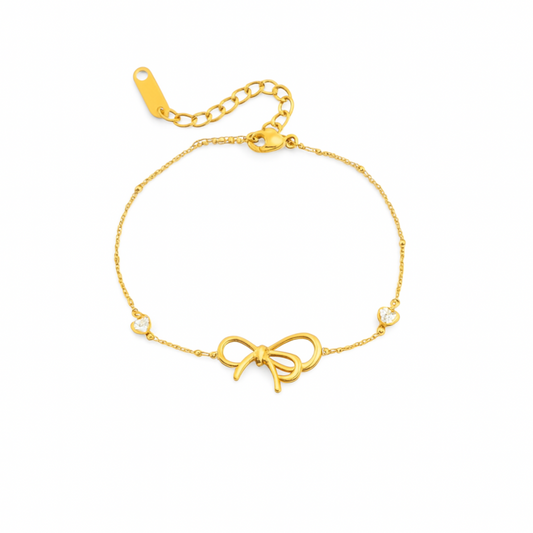 Gold bow heart bracelet in 18ct gold plated stainless steel with fine chain