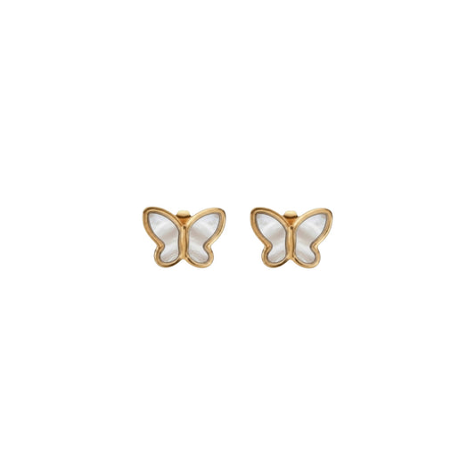 Gold butterfly stud earrings with white inlay detail in stainless steel