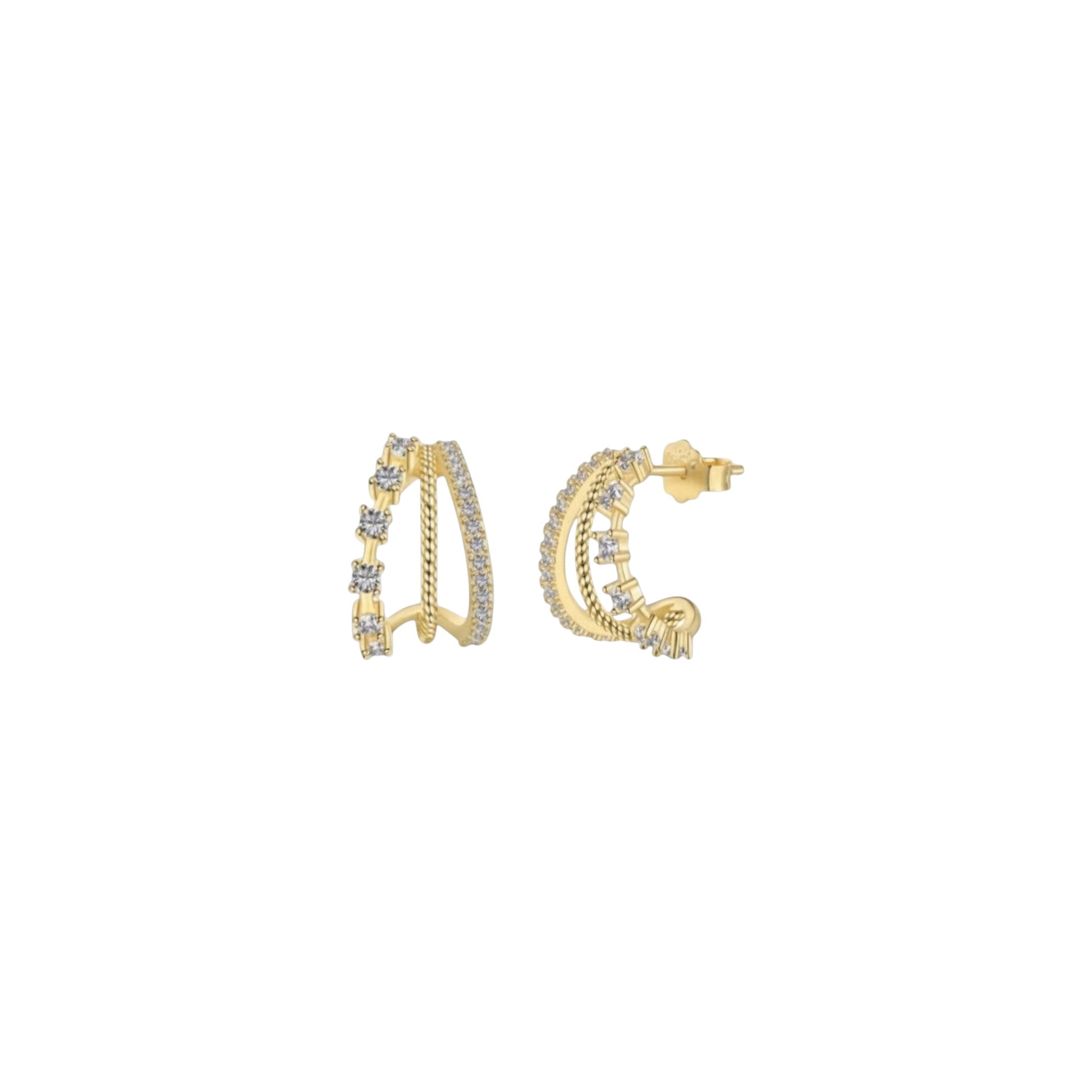 Gold curve stud earrings in sterling silver with layered pavé, textured and zirconia detailing
