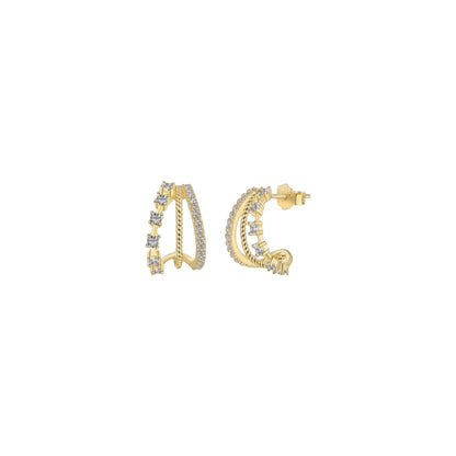 Gold curve stud earrings in sterling silver with layered pavé, textured and zirconia detailing