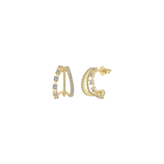 Gold curve stud earrings in sterling silver with layered pavé, textured and zirconia detailing