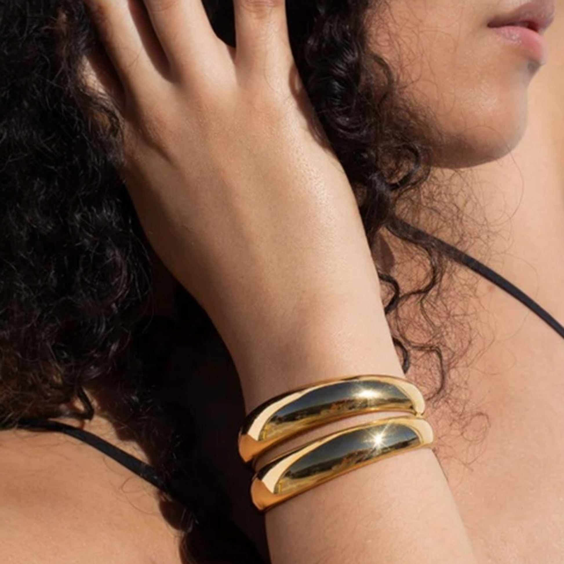 Gold double band bangle in 18ct gold plated stainless steel with polished finish