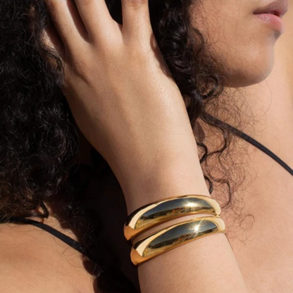 Gold double band bangle in 18ct gold plated stainless steel with polished finish