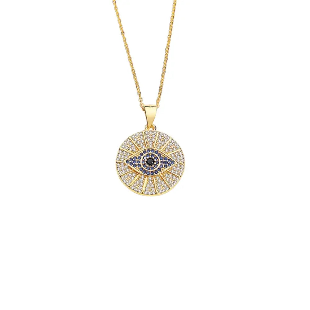 Gold Evil Eye Medallion Necklace with pave stones. 925 Sterling Silver, 18ct Gold plated - Scandal Kiss 
