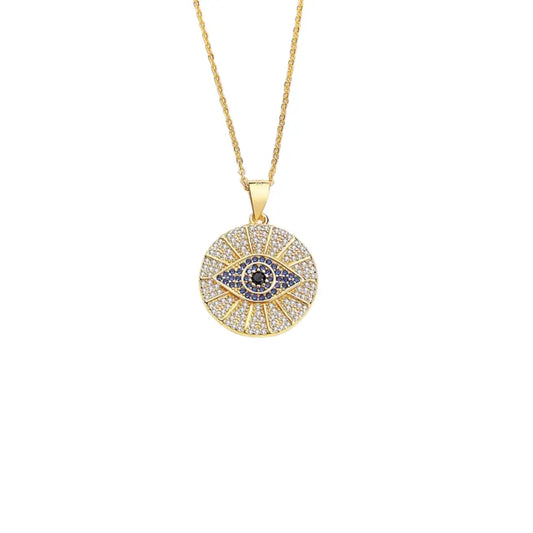 Gold Evil Eye Medallion Necklace with pave stones. 925 Sterling Silver, 18ct Gold plated - Scandal Kiss 