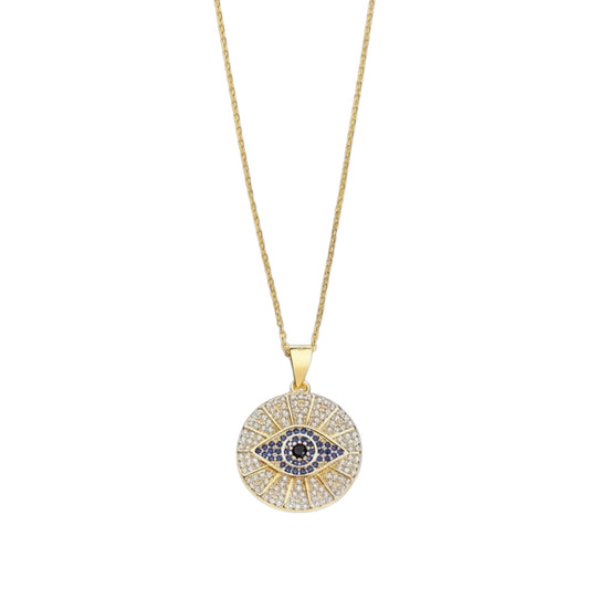 Gold Evil Eye Medallion Necklace with pavé-set circular pendant
