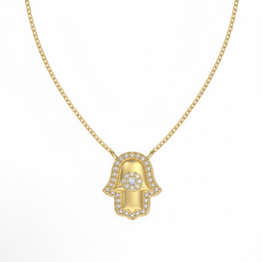 Gold Hamsa Necklace in gold plated sterling silver with pavé zirconia detail on 40cm adjustable chain