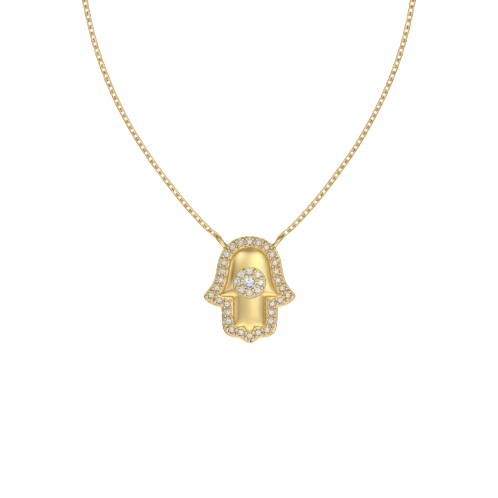 Gold Hamsa Necklace in gold plated sterling silver with pavé zirconia detail on 40cm adjustable chain
