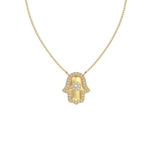 Gold Hamsa Necklace in gold plated sterling silver with pavé zirconia detail on 40cm adjustable chain