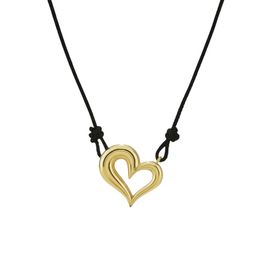 Gold heart cord necklace with sculpted heart pendant in 14ct gold plated 925 sterling silver on adjustable black cord