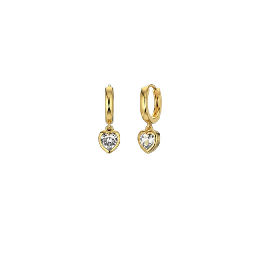 Gold heart drop huggie earrings with zirconia heart stones in 18ct gold plated 925 sterling silver