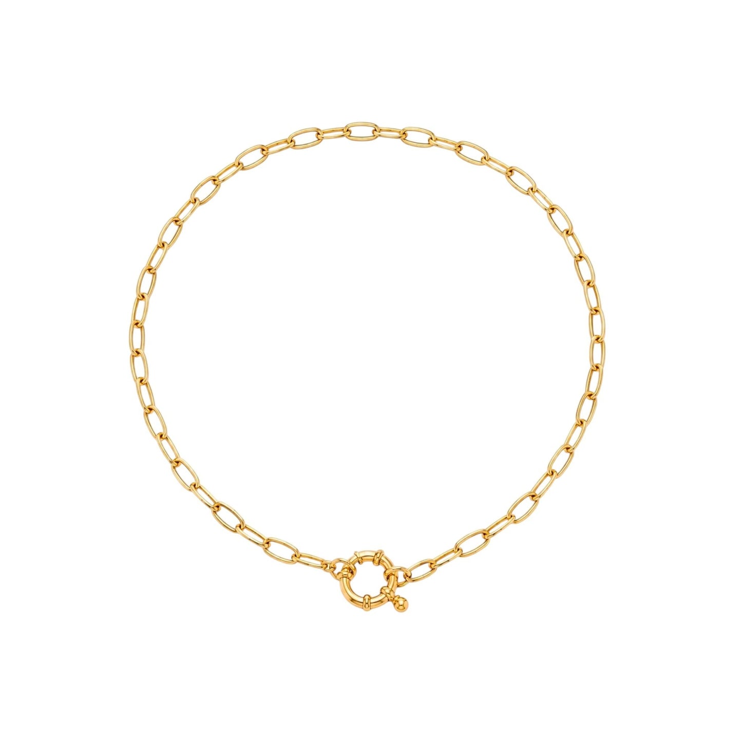 Scandal Kiss gold round link toggle Scandal Kiss Gold Link Charm Necklace with elongated links and a distinctive circular front clasp