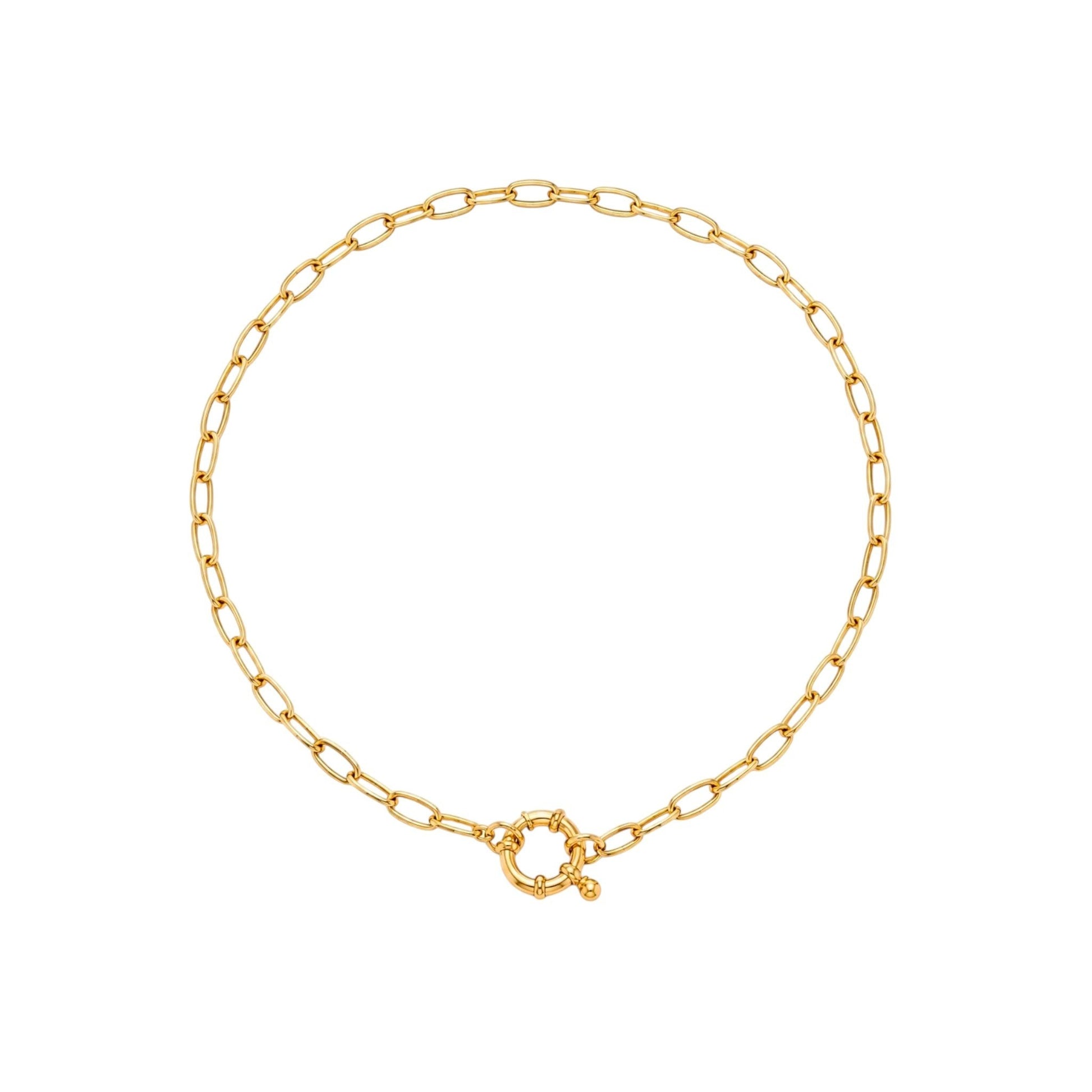 Scandal Kiss gold round link toggle Scandal Kiss Gold Link Charm Necklace with elongated links and a distinctive circular front clasp