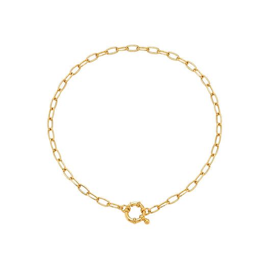 Scandal Kiss gold round link toggle Scandal Kiss Gold Link Charm Necklace with elongated links and a distinctive circular front clasp