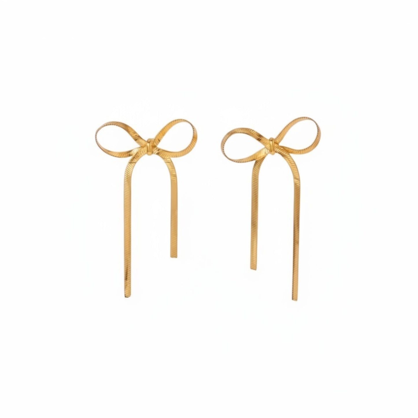 Gold long bow ribbon stud earrings with an elongated sculptural silhouette