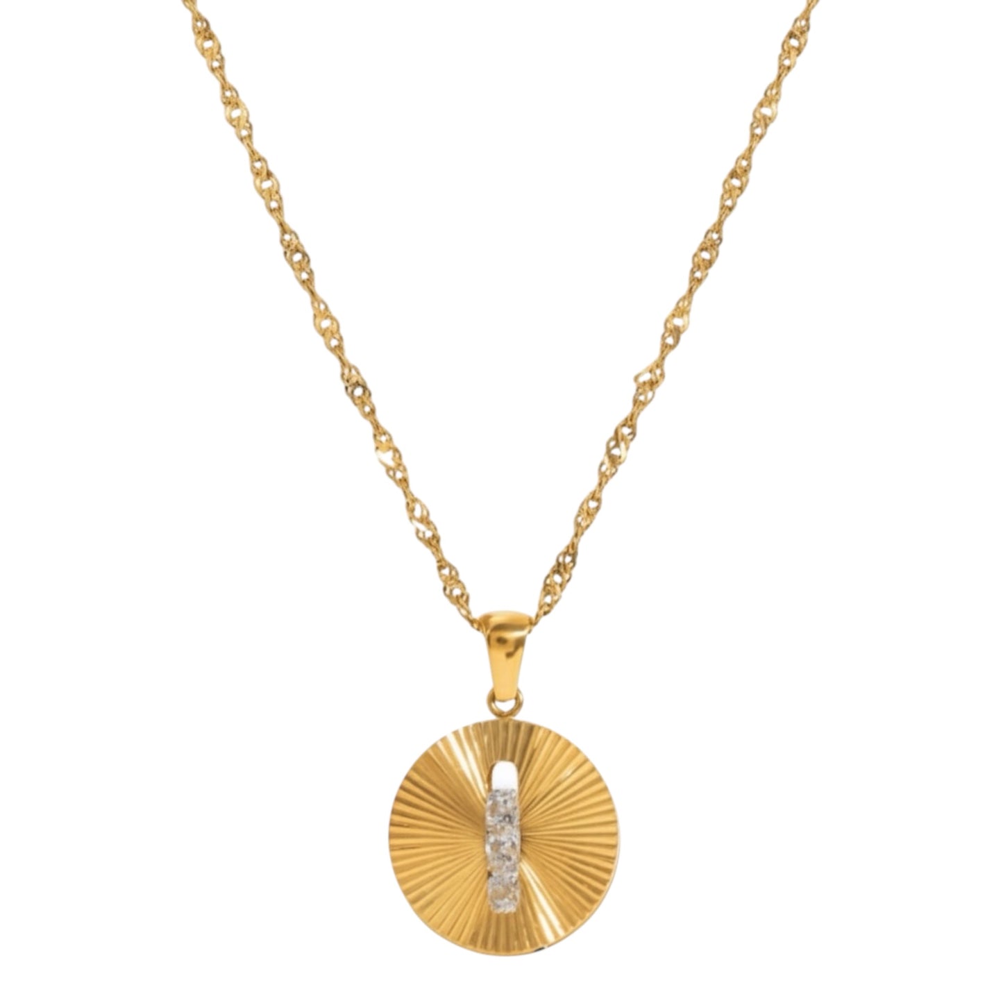 Gold disc necklace with moving zirconia stones in 18ct gold plated stainless steel