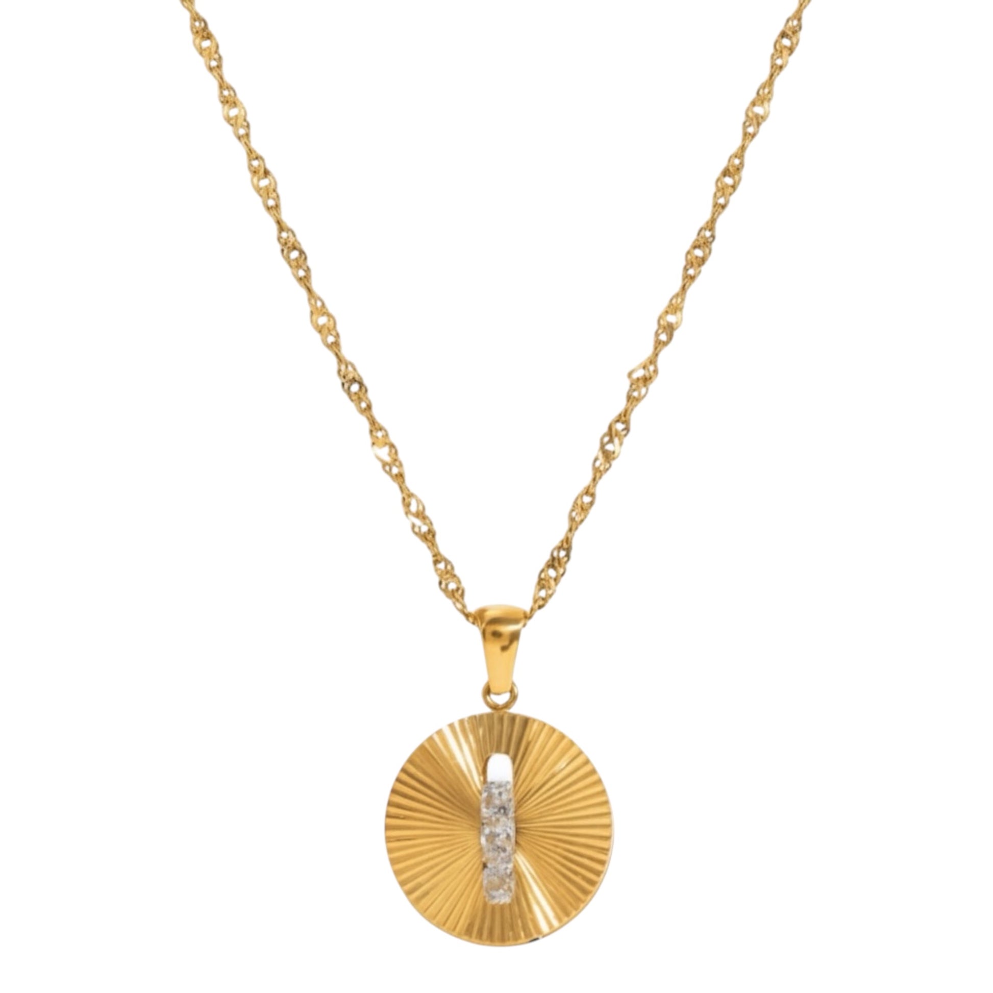 Gold disc necklace with moving zirconia stones in 18ct gold plated stainless steel