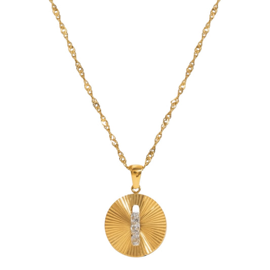 Gold disc necklace with moving zirconia stones in 18ct gold plated stainless steel