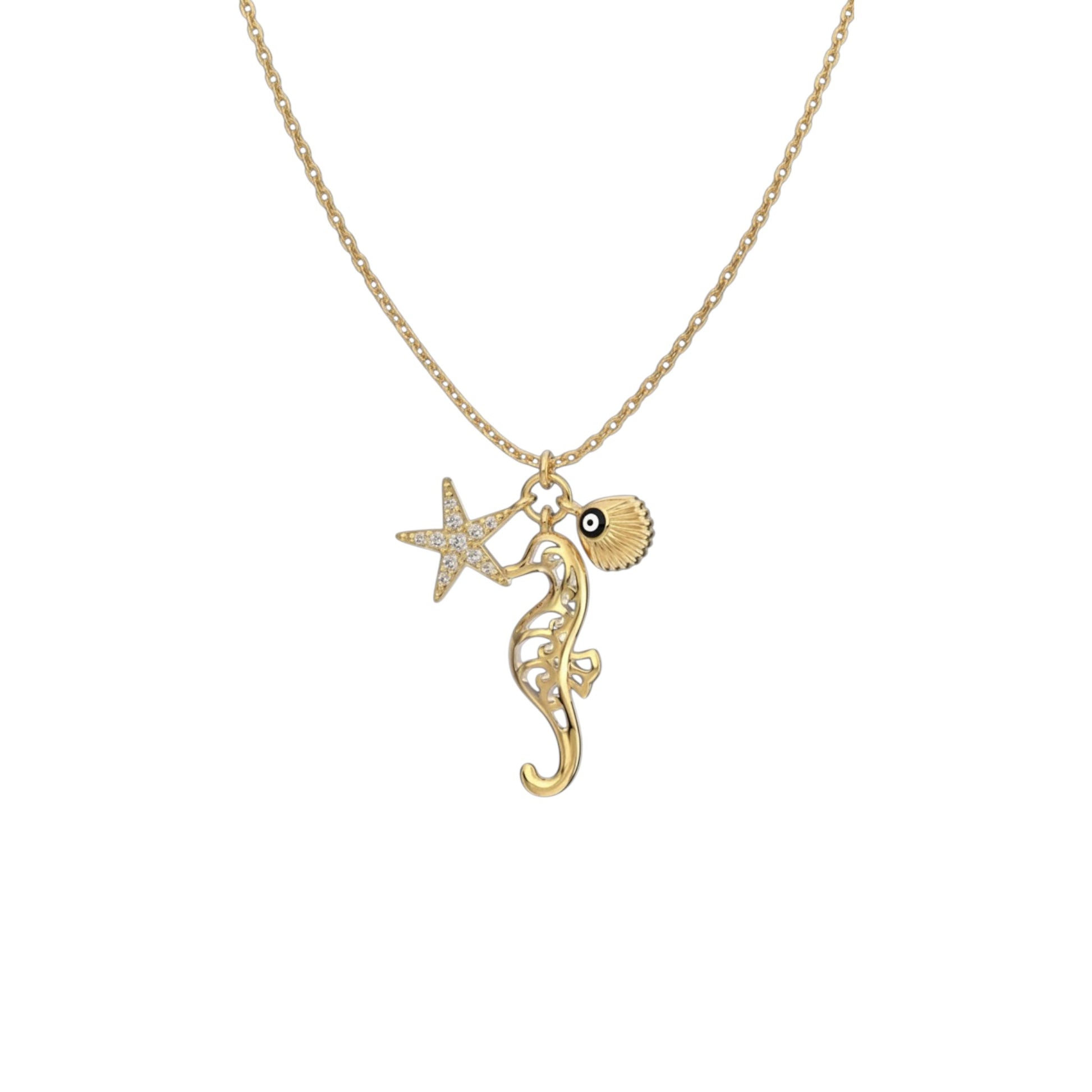 Gold Ocean Charm Necklace with seahorse, starfish and seashell charms