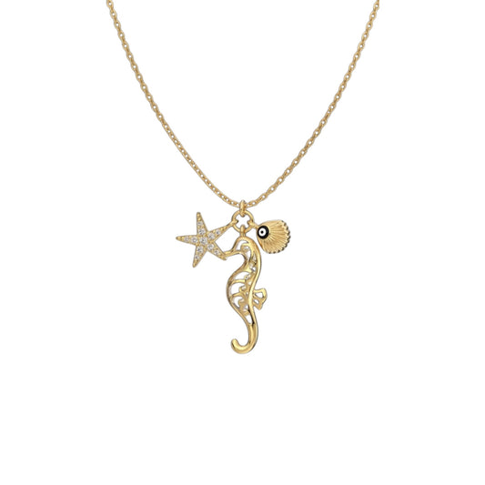 Gold Ocean Charm Necklace with seahorse, starfish and seashell charms
