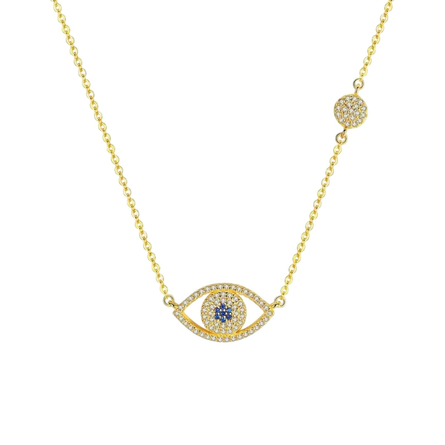 18ct gold plated pavé evil eye necklace with blue zirconia accents