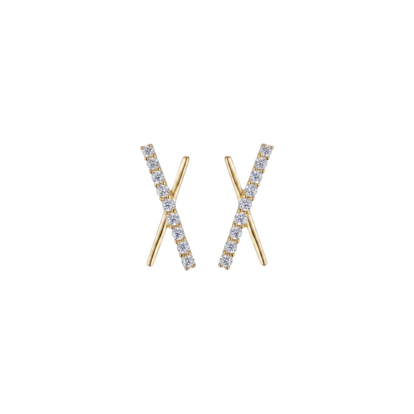 Gold pavé X bar stud earrings with zirconia detailing in sterling silver