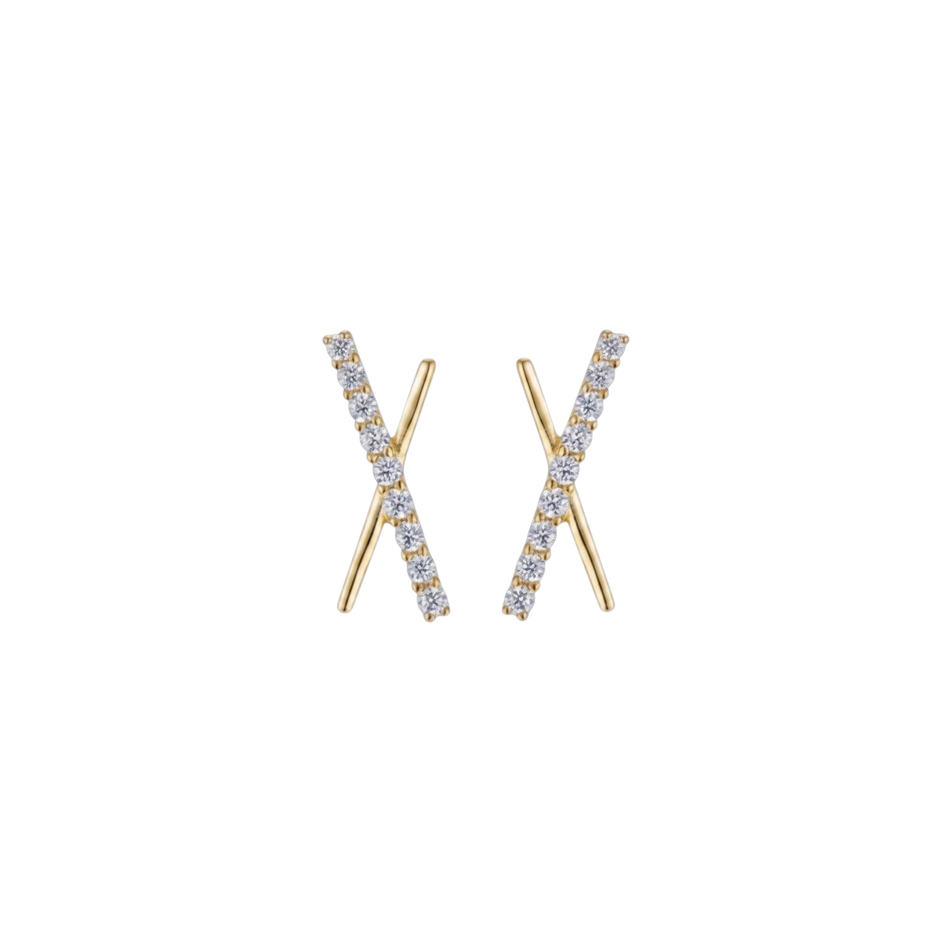 Gold pavé X bar stud earrings with zirconia detailing in sterling silver