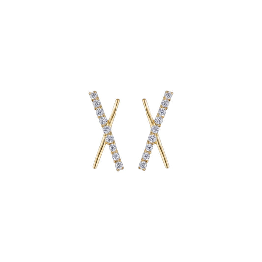 Gold pavé X bar stud earrings with zirconia detailing in sterling silver